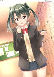Rule 34 | 10s, 1girl, :d, alternate costume, borrowed clothes, bow, bowtie, brown eyes, cardigan, gakuran, getabako, green hair, hair ribbon, hino (2nd life), kantai collection, locker, long hair, looking at viewer, open mouth, pleated skirt, ribbon, school, school uniform, skirt, sleeves past wrists, smile, solo, twintails, twitter username, zuikaku (kancolle)