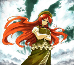Rule 34 | 1girl, angry, beret, blue eyes, braid, breasts, chinese clothes, crossed arms, from below, frown, gunbuster pose, hat, hong meiling, long hair, long skirt, orange hair, serious, shiratama (hockey), skirt, solo, standing, touhou, traditional media, twin braids, very long hair