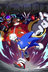 Rule 34 | 2boys, animal nose, banel springer, bee, bug, buzz bomber, chopper (sonic), commentary, crab, crabmeat (sonic), dr. eggman, english commentary, facial hair, factory, fish, full body, furry, furry male, glasses, gloves, glowing, glowing eyes, goggles, goggles on head, grin, highres, insect, jacket, ladybug, long sleeves, looking at viewer, moto bug, multiple boys, mustache, red footwear, red jacket, robot, round eyewear, running, shoes, silhouette, smile, smirk, smoke, smokestack, sonic (series), sonic the hedgehog, spinner (sonic), teeth, upper body, v-shaped eyes, white gloves, zipper