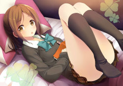Rule 34 | 10s, 1girl, bed, book, brown eyes, brown hair, chestnut mouth, convenient leg, fujimiya kaori, indoors, isshuukan friends, kneehighs, komone ushio, legs up, long legs, looking at viewer, lying, mechanical pencil, neck ribbon, no shoes, on bed, open book, open mouth, pencil, pillow, ribbon, school uniform, short hair, skirt, socks, solo, sweater
