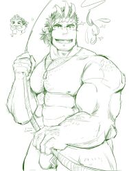 Rule 34 | 1boy, :d, antenna hair, bara, blush, body hair, bulge, chest hair, chibi, chibi inset, facial hair, fishing hook, fishing rod, forked eyebrows, hairy, highres, hugging own legs, knuckle hair, large pectorals, long sideburns, looking to the side, male focus, mature male, monochrome, muscular, muscular male, nipples, official alternate costume, open mouth, pectorals, sanpaku, short hair, sideburns, smile, solo, sparkle, strongman waist, stubble, thick eyebrows, thick thighs, thighs, tokyo houkago summoners, topless male, yamasachihiko (housamo), yamasaka daisuke