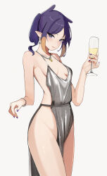Rule 34 | 1girl, absurdres, alternate costume, alternate hairstyle, backless dress, backless outfit, bare arms, bare shoulders, bracelet, breasts, breasts apart, closed mouth, commentary, cosplay, cowboy shot, cup, dress, drinking glass, earrings, english commentary, grey dress, groin, halter dress, halterneck, highres, holding, holding cup, hololive, hololive english, jewelry, ku roiko, light smile, looking at viewer, mole, mole under eye, necklace, ninomae ina&#039;nis, no bra, no panties, pelvic curtain, pointy ears, purple eyes, purple hair, purple nails, revealing clothes, short hair, sideless outfit, sideways glance, simple background, small breasts, solo, st. louis (azur lane), st. louis (azur lane) (cosplay), st. louis (luxurious wheels) (azur lane), tentacle hair, thighs, tsurime, virtual youtuber, white background, wine glass