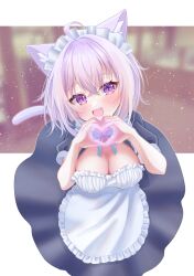 Rule 34 | 1girl, absurdres, ahoge, alternate costume, animal ear fluff, animal ears, apron, black dress, blurry, blurry background, blush, breasts, cat ears, cat girl, cat tail, cleavage, commentary request, dress, enmaided, fang, hair between eyes, heart, heart hands, highres, hololive, large breasts, looking at viewer, maid, maid apron, maid headdress, nekomata okayu, open mouth, purple eyes, purple hair, short hair, sidelocks, solo, tail, virtual youtuber, yukimura 88