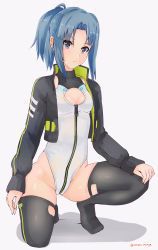 Rule 34 | 1girl, absurdres, alice gear aegis, black jacket, black thighhighs, blue hair, booth babe, breasts, circle cutout, cleavage cutout, clothing cutout, cropped jacket, full body, grey eyes, heattech leotard, high ponytail, highleg, highleg leotard, highres, jacket, leotard, ponytail, rasen manga, short hair, simple background, small breasts, solo, squatting, takanashi rei, thighhighs, turtleneck, white background, white leotard