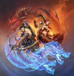Rule 34 | 1boy, 1girl, alexstrasza, arm tattoo, armor, arrow (projectile), back-to-back, beard, bikini armor, blizzard (company), bow (weapon), breasts, claw (weapon), clothes lift, commentary, company connection, crossover, dmitry prozorov, dragon, english commentary, facial hair, gauntlets, hanzo (overwatch), heroes of the storm, highres, horns, large breasts, long hair, muscular, overwatch, overwatch 1, quiver, red hair, shirt lift, short ponytail, tattoo, trait connection, warcraft, weapon, world of warcraft