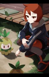 Rule 34 | 1girl, absurdres, arezu (pokemon), black footwear, black shorts, boots, brown eyes, brown hair, closed mouth, collarbone, commentary request, cowlick, creatures (company), cushion, falling leaves, game freak, gen 5 pokemon, gradient legwear, highres, jacket, leaf, long sleeves, nintendo, outdoors, pantyhose, petilil, pokemon, pokemon (creature), pokemon legends: arceus, punikiman, short hair, shorts, smile, squatting