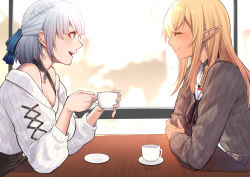 Rule 34 | 2girls, ^ ^, bare shoulders, black choker, blonde hair, blue ribbon, braid, breasts, brown shirt, choker, cleavage, closed eyes, closed mouth, cup, elf, french braid, green eyes, hair ribbon, highres, holding, holding cup, hololive, large breasts, long hair, long sleeves, looking at another, mikan (chipstar182), multiple girls, open mouth, pointy ears, ribbon, shiranui flare, shiranui flare (street), shirogane noel, shirogane noel (casual), shirt, short hair, silver hair, sitting, smile, striped clothes, striped shirt, sweater, table, vertical-striped clothes, vertical-striped shirt, virtual youtuber, white sweater