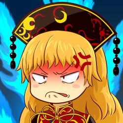 Rule 34 | 1girl, anger vein, angry, black dress, blonde hair, blush, blush stickers, chinese clothes, commentary request, constricted pupils, dress, junko (touhou), long hair, meme, okema, red eyes, solo, tabard, touhou, wavy hair