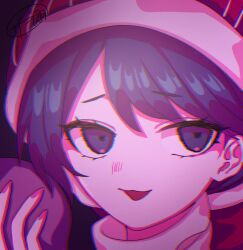 Rule 34 | 1girl, blue eyes, blue hair, chromatic aberration, close-up, doremy sweet, hair between eyes, hat, holding, limited palette, looking at viewer, nightcap, one-hour drawing challenge, red hat, solo, tongue, tongue out, touhou, turtleneck, zabu rou