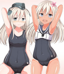 Rule 34 | 10s, 1girl, 2girls, armpits, arms up, black eyes, blonde hair, blush, crop top, dual persona, flower, garrison cap, hair flower, hair ornament, hat, highres, kantai collection, long hair, masa masa, multiple girls, one-piece swimsuit, open mouth, ro-500 (kancolle), sailor collar, school swimsuit, swimsuit, swimsuit under clothes, tan, tanline, u-511 (kancolle)