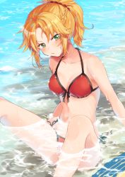Rule 34 | 1girl, bad id, bad pixiv id, bare shoulders, bikini, blonde hair, blush, braid, breasts, collarbone, commentary request, diffraction spikes, eyes visible through hair, fate/apocrypha, fate/grand order, fate (series), front-tie bikini top, front-tie top, green eyes, hair ornament, hair scrunchie, halterneck, highres, kuroko (krgm965), long hair, looking at viewer, medium breasts, mordred (fate), mordred (fate/apocrypha), mordred (swimsuit rider) (first ascension) (fate), navel, open mouth, partially submerged, ponytail, red bikini, scrunchie, side-tie bikini bottom, sitting, solo, string bikini, surfboard, swimsuit, water, wet