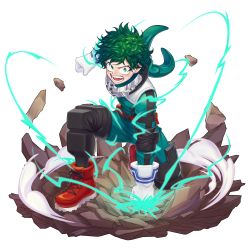 Rule 34 | 1boy, blush, bodysuit, boku no hero academia, clenched hands, commentary request, energy, freckles, gloves, green bodysuit, green eyes, green hair, highres, hood, hooded bodysuit, looking at viewer, male focus, messy hair, midoriya izuku, open mouth, red footwear, short hair, simple background, solo, sumone btk, teeth, white background, white gloves