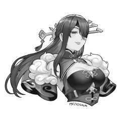 Rule 34 | 1girl, beidou (genshin impact), breasts, cleavage, cleavage cutout, clothing cutout, detached sleeves, dress, eyepatch, floating hair, fur trim, genshin impact, greyscale, hair behind ear, hair over one eye, long hair, looking at viewer, medium breasts, meziosaur, monochrome, one eye covered, parted lips, solo, upper body