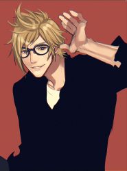 Rule 34 | 1boy, bespectacled, blonde hair, final fantasy, final fantasy xv, glasses, looking at viewer, mad369, male focus, prompto argentum, simple background, smile, solo, spiked hair, waving