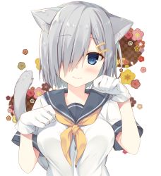 Rule 34 | 10s, 1girl, absurdres, animal ears, blue eyes, blush, breasts, cat ears, cat tail, fang, fang out, floral background, gloves, hair ornament, hair over one eye, hairclip, hamakaze (kancolle), highres, kantai collection, kemonomimi mode, large breasts, looking at viewer, miko (royal milk), neckerchief, paw pose, school uniform, serafuku, short hair, short sleeves, silver hair, smile, solo, tail, upper body, white background, white gloves, yellow neckerchief