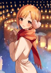 Rule 34 | 1girl, absurdres, aiba yumi, blush, breasts, brown hair, coat, duffel coat, earmuffs, highres, idolmaster, idolmaster cinderella girls, lantern, looking at viewer, looking to the side, medium breasts, mittens, neru5, outdoors, own hands together, paper lantern, red scarf, scarf, short hair, snowing, solo