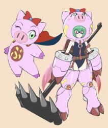 Rule 34 | 2girls, animal costume, buurin (tonde buurin), cho-hakkaimon, costume, crossover, digimon, digimon (creature), full body, hammer, highres, holding, holding weapon, mas square, mask, multiple girls, one eye closed, pig costume, pig girl, spikes, superhero costume, swimsuit, tonde buurin, trait connection, weapon, wink