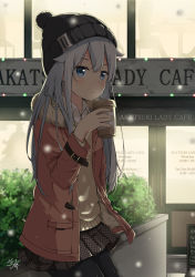 Rule 34 | 1girl, alternate costume, beanie, black hat, black thighhighs, blue eyes, blush, brown skirt, bush, checkered clothes, checkered skirt, coat, collared shirt, commentary request, cup, english text, fur, fur trim, hair between eyes, hat, hibiki (kancolle), highres, holding, holding cup, kantai collection, long hair, long sleeves, miko fly, parted lips, pink coat, pleated skirt, pocket, shirt, signature, silver hair, sitting, skirt, snow, solo, thighhighs, white shirt