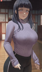 Rule 34 | 1girl, bad id, bad twitter id, black pants, blunt bangs, blurry, blurry background, blush, breasts, closed mouth, commentary, covered erect nipples, highres, hyuuga hinata, indoors, large breasts, long hair, long sleeves, looking at viewer, naruto (series), no bra, pants, patreon logo, patreon username, shexyo, sleeves past wrists, solo, sweater, thick thighs, thighs, turtleneck, turtleneck sweater, watermark, web address, wide hips, wooden floor, yoga pants
