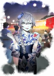 Rule 34 | 1girl, alternate costume, black bow, blurry, blurry background, border, bow, braid, braided ponytail, closed mouth, cup, fading border, feet out of frame, floral print kimono, flower, grey eyes, grey hair, hair bow, hair flower, hair ornament, hair over shoulder, holding, holding cup, ice cream spoon, japanese clothes, kimono, long hair, long sleeves, looking at viewer, market stall, mi8pq, night, obi, outdoors, people, purple flower, sash, sekka yufu, smile, solo, solo focus, spoon, standing, summer festival, tongue, tongue out, utau, white border, white kimono, yukata