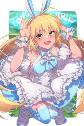 Rule 34 | 1girl, ahoge, animal ears, artoria caster (fate), artoria caster (swimsuit) (fate), artoria caster (swimsuit) (second ascension) (fate), artoria pendragon (fate), bare shoulders, blonde hair, blue dress, blue thighhighs, blush, breasts, dress, echo (circa), fake animal ears, fate/grand order, fate (series), green eyes, hairband, long hair, looking at viewer, open mouth, puffy short sleeves, puffy sleeves, rabbit ears, short sleeves, skirt, small breasts, solo, striped clothes, striped thighhighs, thighhighs, thighs, translation request, twintails, vertical-striped clothes, vertical-striped thighhighs, white skirt
