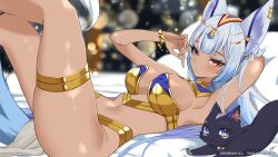 Rule 34 | 1girl, animal ear fluff, animal ears, arm behind head, armpits, blue eyes, blue hair, blurry, blurry background, bracelet, breasts, cat, character name, commission, detached collar, earrings, egyptian, gold collar, gradient hair, grey hair, highres, indie virtual youtuber, jewelry, k (art71), large breasts, long hair, lying, multicolored hair, nairu nirvana, navel, on back, red eyes, revealing clothes, skeb commission, solo, tail, tan, thank you, thighlet, twitter username
