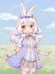 Rule 34 | 1girl, animal ears, blue sky, blush, bow, bowtie, breasts, center frills, cloud, cloudy sky, day, dress, field, flower, flower field, frills, fur collar, gloves, grass, grey hair, highres, kemono friends, kemono friends 3, large breasts, long hair, looking at viewer, meadow, multicolored hair, nature, on grass, outdoors, rabbit ears, rabbit girl, scenery, shirt, skirt, sky, smile, snowshoe hare (kemono friends), solo, tail, white gloves, white hair, yellow eyes, zzz ansh
