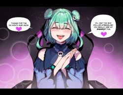 Rule 34 | 1girl, blue hair, blush, breasts, closed eyes, double bun, dress, earrings, english text, gradient hair, green hair, hair bun, hair ornament, hair ribbon, highres, hololive, hololive fantasy, jewelry, looking at viewer, medium hair, multicolored hair, nyantcha, open mouth, red eyes, ribbon, skull hair ornament, smile, solo, uruha rushia, uruha rushia (1st costume), virtual youtuber