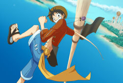Rule 34 | 1boy, black eyes, black hair, blue shorts, clenched hand, cloud, cloudy sky, day, devil fruit, elasticity, hat, jewelry, leomezamx, looking at viewer, male focus, monkey d. luffy, necklace, ocean, one piece, outdoors, sandals, short hair, shorts, sky, smile, solo, straw hat, teeth, water