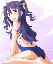 Rule 34 | 10s, 1girl, bad id, bad pixiv id, barefoot, brown eyes, competition swimsuit, from behind, high school fleet, highres, kapatarou, long hair, looking back, one-piece swimsuit, purple hair, school swimsuit, sitting, solo, suruga runa, swimsuit, twintails, two side up, wariza