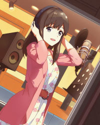 Rule 34 | 10s, 1girl, blue eyes, brown hair, dress, dutch angle, headphones, long hair, looking at viewer, microphone, official art, open mouth, recording, shimada mayu, solo, wake up girls!, wake up girls! stage no tenshi
