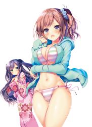 Rule 34 | 2girls, :t, ayuma sayu, bikini, bikini under clothes, black hair, blue eyes, blush, breast envy, breasts, brown hair, cleavage, front-tie top, hair ornament, hair scrunchie, twirling hair, hood, hooded jacket, jacket, japanese clothes, kimono, large breasts, long hair, looking at viewer, multi-strapped bikini bottom, multiple girls, navel, open mouth, original, playing with own hair, pouch, pout, purple eyes, scrunchie, shiny skin, side ponytail, simple background, striped bikini, striped clothes, sweatdrop, swimsuit, swimsuit under clothes, thigh gap, two side up, white background, yukata