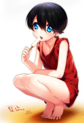 Rule 34 | 10s, 1boy, androgynous, black hair, blue eyes, blush, bottomless, collarbone, earrings, food, hair between eyes, hebino rai, holding, horikawa kunihiro, jewelry, legs, looking at viewer, male focus, open mouth, popsicle, red shirt, shirt, short hair, shorts, simple background, sitting, sleeves rolled up, solo, squatting, stud earrings, toes, touken ranbu, white background