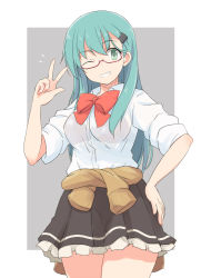 Rule 34 | aqua hair, bespectacled, border, breasts, brown skirt, clothes around waist, collared shirt, frilled skirt, frills, glasses, green eyes, grey background, grin, hair ornament, hairclip, hand on own hip, jacket, jacket around waist, kantai collection, kugui kiyunemu, looking at viewer, medium breasts, one eye closed, outside border, pleated skirt, red neckwear, remodel (kantai collection), shirt, simple background, skirt, smile, solo, striped clothes, striped skirt, suzuya (kancolle), v, white border, white shirt