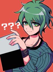 Rule 34 | 1boy, ?, ??, amami rantaro, collarbone, commentary request, danganronpa (series), danganronpa v3: killing harmony, green eyes, green hair, hair between eyes, holding, jewelry, looking at viewer, male focus, messy hair, red background, sasakama (sasagaki01), shirt, short hair, simple background, smile, solo, striped clothes, striped shirt, upper body