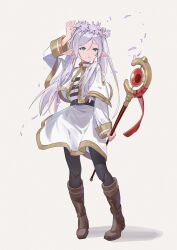 Rule 34 | 1girl, belt, belt buckle, black pantyhose, brown footwear, buckle, capelet, cic tatsumi, earrings, elf, flower wreath, frieren, full body, gem, gold trim, green eyes, grey hair, hair between eyes, highres, holding, holding staff, jewelry, long hair, long sleeves, mage staff, open mouth, pantyhose, parted bangs, petals, pointy ears, red gemstone, shadow, shirt, simple background, solo, sousou no frieren, staff, striped clothes, striped shirt, twintails, white background, white capelet, wide sleeves