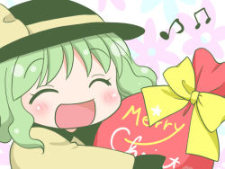 Rule 34 | 1girl, beamed quavers, blush, bow, christmas, commentary request, english text, closed eyes, floral background, gift bag, green hair, hat, hat ribbon, komeiji koishi, long hair, musical note, open mouth, quaver, ribbon, smile, solo, star (symbol), touhou, yuzuna99