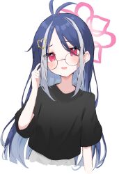 Rule 34 | 1girl, alternate costume, bespectacled, black-framed eyewear, black shirt, blue archive, blue hair, blush, casual, collarbone, fubuki (blue archive), glasses, grey hair, hair between eyes, hair ornament, hairclip, halo, hand up, highres, long hair, looking at viewer, multicolored hair, noko (nco029685627), open mouth, red eyes, shirt, short sleeves, simple background, solo, two-tone hair, upper body, very long hair, white background