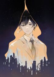 Rule 34 | 1boy, black hair, black necktie, brown eyes, chinese commentary, city lights, cityscape, dark, earrings, highres, jacket, jewelry, klein moretti, looking down, lord of the mysteries, necktie, night, night sky, parted lips, shaded face, shirt, short hair, single earring, sky, smile, solo, star (sky), starry sky, veil, weishiliu, white shirt