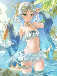 Rule 34 | 1boy, 1girl, absurdres, beach, bikini, blue hair, blue shirt, blue sky, breasts, clip studio paint (medium), closed eyes, cloud, day, detached collar, duang (user tsag8258), elf, food, frieren, fruit popsicle, green eyes, grey hair, hair ribbon, highres, himmel (sousou no frieren), holding, holding food, holding popsicle, navel, ocean, outdoors, palm tree, partially submerged, pointy ears, popsicle, ribbon, shirt, sky, small breasts, sousou no frieren, swimsuit, thick eyebrows, thigh strap, tree, twintails, water