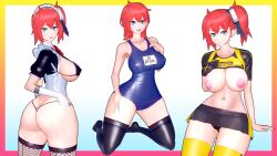 Rule 34 | 1girl, 3d, aiba ami, blue eyes, digimon, digimon story: cyber sleuth, female focus, goggles, goggles on head, highres, long hair, nipples, red hair, sidetail, solo