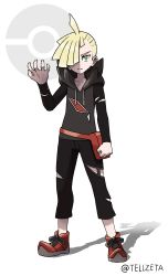 Rule 34 | 1boy, artist name, black hoodie, black pants, blonde hair, capri pants, clenched hand, closed mouth, collarbone, commentary request, creatures (company), ear piercing, fingernails, full body, game freak, gladion (pokemon), green eyes, hand up, highres, hood, hoodie, long sleeves, male focus, nintendo, pants, piercing, poke ball symbol, pokemon, pokemon sm, solo, tellzeta, torn clothes, torn pants, watermark