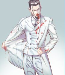Rule 34 | 1boy, alternate costume, ascot, black eyes, black hair, blood, blood on clothes, blood on hands, buttons, closed eyes, collared jacket, european clothes, facial hair, facial scar, feet out of frame, formal, golden kamuy, hair slicked back, hair strand, head tilt, jacket, male focus, ogata hyakunosuke, pants, scar, scar on cheek, scar on face, short hair, solo, stubble, suit, undercut, undressing, vest, w55674570w, white pants, white suit, white vest
