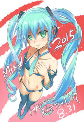 Rule 34 | &gt;:), 10s, 1girl, 2015, aqua hair, bikini, black footwear, black thighhighs, blue bikini, blush, boots, character name, collarbone, covering privates, covering breasts, dated, detached sleeves, flat chest, full body, gradient background, green eyes, groin, happy birthday, hatsune miku, highres, koume keito, long hair, micro bikini, navel, necktie, nose blush, side-tie bikini bottom, smile, solo, strap slip, striped, striped background, swimsuit, thigh boots, thighhighs, twintails, v-shaped eyebrows, very long hair, vocaloid