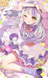 Rule 34 | 1girl, ;q, apron, arms up, blunt bangs, blush, cardigan, closed mouth, detached sleeves, frilled apron, frills, heart, heart hands, highres, hololive, lolita fashion, long hair, looking at viewer, maid headdress, multicolored hair, murasaki shion, murasaki shion (magical girl maid), omaru (0marufestival), one eye closed, pink cardigan, purple hair, purple shirt, purple skirt, shirt, short sleeves, silver hair, skirt, smile, solo, streaked hair, sweet lolita, tongue, tongue out, twintails, virtual youtuber, waist apron, white apron, yellow eyes