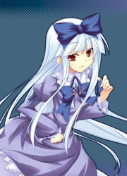 Rule 34 | 1girl, 3.1-tan, blue bow, blue bowtie, blunt bangs, bow, bowtie, cowboy shot, dress, hair bow, juliet sleeves, lolita fashion, long sleeves, looking at viewer, os-tan, puffy long sleeves, puffy sleeves, purple dress, red eyes, shimakaze (soundz of bell), silver hair, solo
