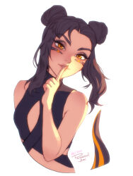 Rule 34 | 1girl, artist name, bare arms, bare shoulders, black hair, borrowed character, commentary, cropped torso, double bun, english commentary, finger to mouth, hair bun, highres, long hair, looking at viewer, orange eyes, original, parted lips, personal ami, simple background, smile, solo, tail, upper body, white background