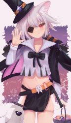 Rule 34 | 1girl, :q, animal ear fluff, animal ears, arknights, bad id, bad pixiv id, basket, black headwear, black jacket, black skirt, border, chrocatz, click (arknights), click (grave thief) (arknights), cowboy shot, cropped shirt, eyepatch, ghost, grey hair, groin, halloween bucket, halloween costume, hand up, hat, highres, holding, holding basket, jacket, jacket on shoulders, looking at viewer, midriff, mouse ears, navel, official alternate costume, outside border, purple background, red eyes, see-through, short hair, skirt, straight-on, tongue, tongue out, top hat, waving, white border