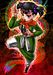 Rule 34 | 1girl, black eyes, black footwear, black hair, blunt bangs, breasts, chinese clothes, commentary, commentary request, dragon, dragon quest, dragon quest iii, eastern dragon, eyeliner, fighter (dq3), fighting stance, lips, long sleeves, looking at viewer, makeup, medium breasts, parted lips, red background, short hair, solo, standing, standing on one leg, suminoe misaki, twintails