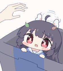 Rule 34 | 1girl, ahoge, animal ears, animated, animated gif, black hair, blinking, blue archive, blue shirt, blush stickers, chibi, closed eyes, closed mouth, commentary request, halo, hands up, in trash can, leaf, leaf on head, miyu (blue archive), open mouth, pov, pov hands, rabbit ears, raised eyebrows, red eyes, sailor collar, shirt, solo focus, tearing up, trash can, umihio, upper body, wavy mouth, white sailor collar